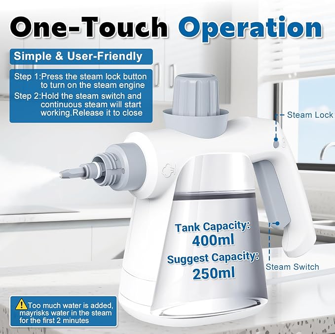 Pressurized Handheld Steam Cleaner 400ML 9-in-1 Multipurpose Portable Steamer with Safety Lock Chemical-Free Deep Cleaning for Grout Floors Windows Car Bathroom Kitchen Home