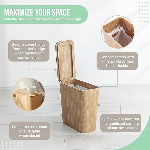 Light Wood Grain Indoor Trash Can w/Removable Cover - 3.4-Gallon Modern Waste Bin for Office Bedroom Bathroom - Slim Garbage Basket with Plastic Trash Bag Holder - Covered Diaper Trash Can