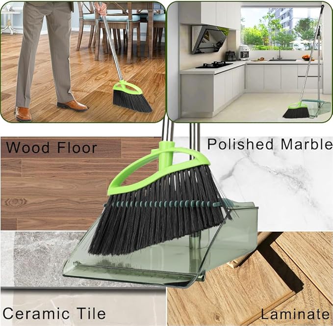 Soft Bristles Green Angle Broom and Dustpan Set Long Handle Household Indoor Broom with Dustpan Combo Set for Room Kitchen Lobby Office Hardwood Floor Sweeping Floor Cleaning