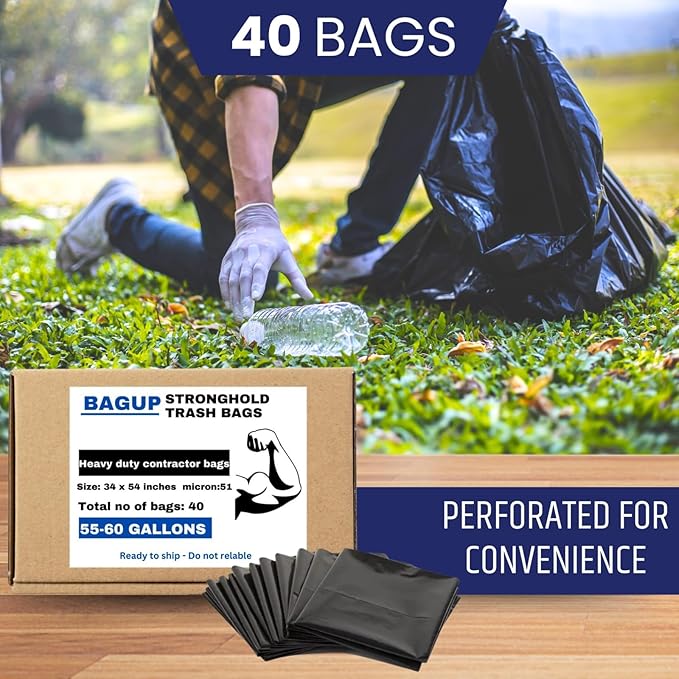 BAG UP Solutions Stronghold Trash Bags Garbage Bags Bin Liners Heavy Duty Contractor Bags Made From Recycled Plastic 55-60 Gallons 34 x 54 Inches 40 Bags Black