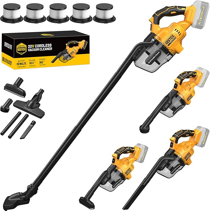 Cordless Vacuum Cleaner Compatible with Dewalt 20V Battery (No Battery) 50kPa 125AW Strong Suction | 5 HEPA Filters | 4-in-1 Nozzle | 65CFM Brushless Handheld Vacuum for Home Car Pet (Tool Only)