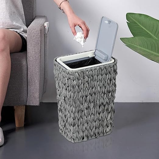 Bathroom Small Trash Can with Lid2.6 Gallon Small Rattan Garbage Can with Press Top LidDouble Deck Slim Wicker Wastebasket Trash Can for BathroomKitchenOfficeLiving RoomBedroom Gray