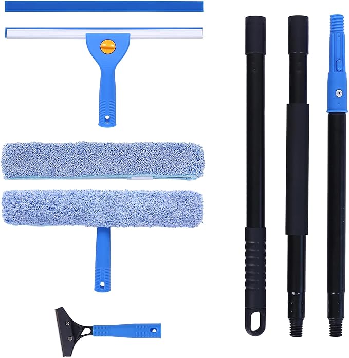 3-in-1 Professional Window Squeegee Kit with 2 Squeegee 2 Microfiber Scrubber 1 Razor Scraper Thick Iron 48.8 Window Squeegee with Extension Pole for Car Glass Mirror Wall Bathroom Home Van
