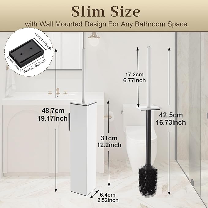 Toilet Brush and Holder Wall Mounted White Aluminum with 2 Replaceable Heads Bathroom Toilet Brush Drill or 3M Adhesive Mount for Bathroom