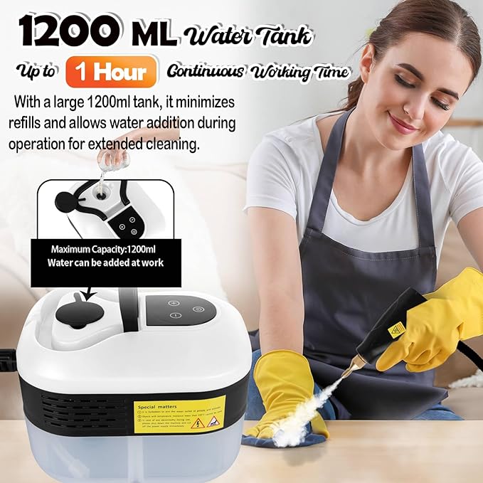 1200ml Handheld Steam CleanersPressurized Multi-Surface Steam Cleaner with 5pcs Accessoriesfor Home Upholstery Car Floor Window Grime Grease Grout and Tile (White-1200ml)