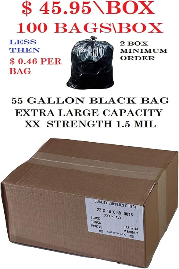 Trash Bags 55-60 Gallon - (100 CountBox) 38 x 58 Low Density Garbage Bags (Black)