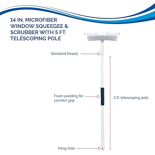 Unger 12” Outdoor Window Scrubber and Squeegee Kit with 5’ Telescopic Pole for High Access Cleaning Supplies for Mirrors and Glass Surfaces Machine Washable Sleeve