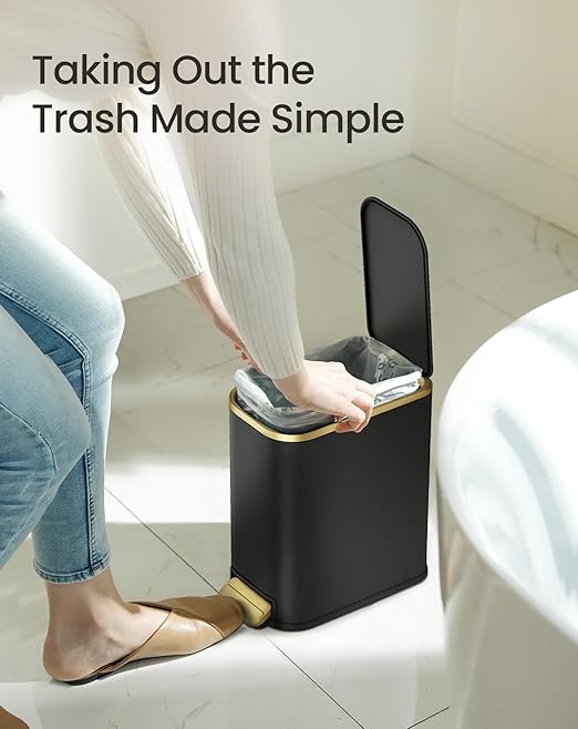 Cesun Small Bathroom Trash Can with Lid Soft Close 5 Liter/1.3 Gallon Stainless Steel Garbage Can with Removable Inner Bucket Step Pedal Slim Waste Basket for Toilet Office Bedroom (Black&ampGol