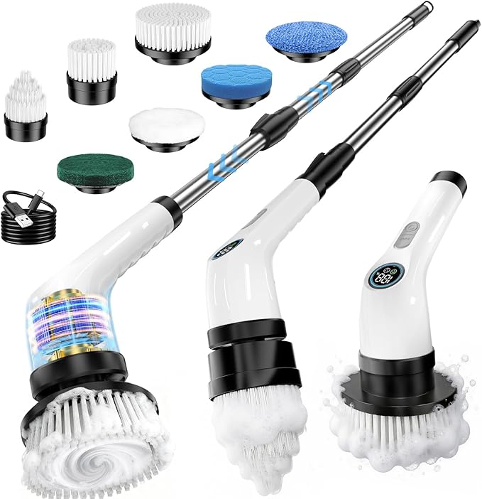 Electric Spin Scrubber Rechargeable with Upgraded Battery &amp Extended Runtime IPX7 Cleaning Brush 3000mAh Battery 7 Brush Heads 2-Speed Adjustable Long Handle for Bathroom &amp Tile Floor Clean