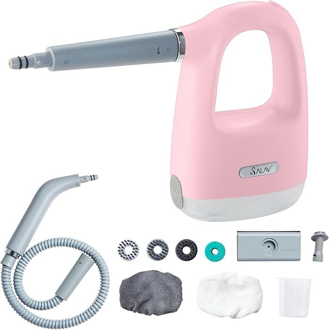 SALAV® CleanSteam Compact Steam Cleaner Pressurized Multi-Surface Handheld Steamer w/11pc Accessories Safety Lock No-Drip Fast Heat Time Unlimited Use for Cleaning Windows Tiles Grout Car (Pink)