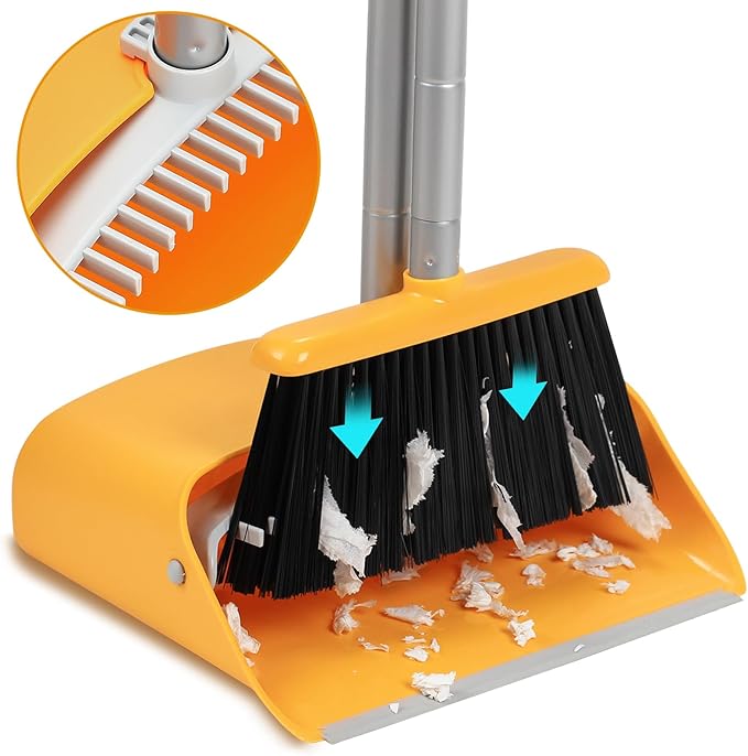 Broom and Dustpan Set with Long Handle 52 Standing Broom and Dust Pan Set for Home Kitchen Room Office Lobby Yellow