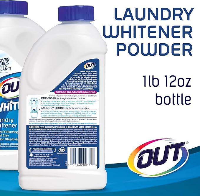 OUT White Brite Laundry Whitener Powder Stain Remover Detergent Booster for Clothes Removes Red Clay and Rust Stains on White Clothing and Uniforms