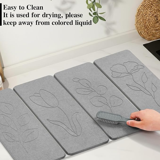 Kathfly 2 Pcs Large Stone Dish Drying Mats for Kitchen Counter Floral Absorbent Diatomaceous Earth Foldable Quick Dry Anti-slip Pad with Brush for Tableware Bottle Cup(Natural Style)