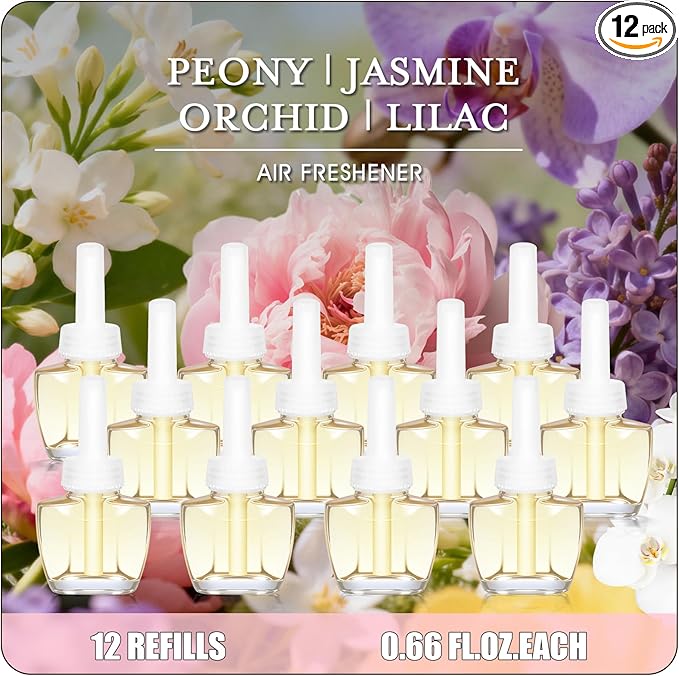 Plug In Air Fresheners for Home 12 Pack – Peony Jasmine Orchid Lilac Wall Plug in Refills Room Freshener for Home Bathroom Bedroom Compatible with Air Wick &amp Glade Not for Glade Plus