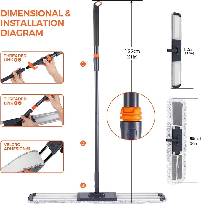 Dust Mop for Hardwood Floors 36 Commercial Industrial Cotton Floor Dust Mop with Extra 3 Mop Refill Pads 61 Inch Long Handle for Cleaning Office Garage Hardwood Warehouse Factory Mall Deck