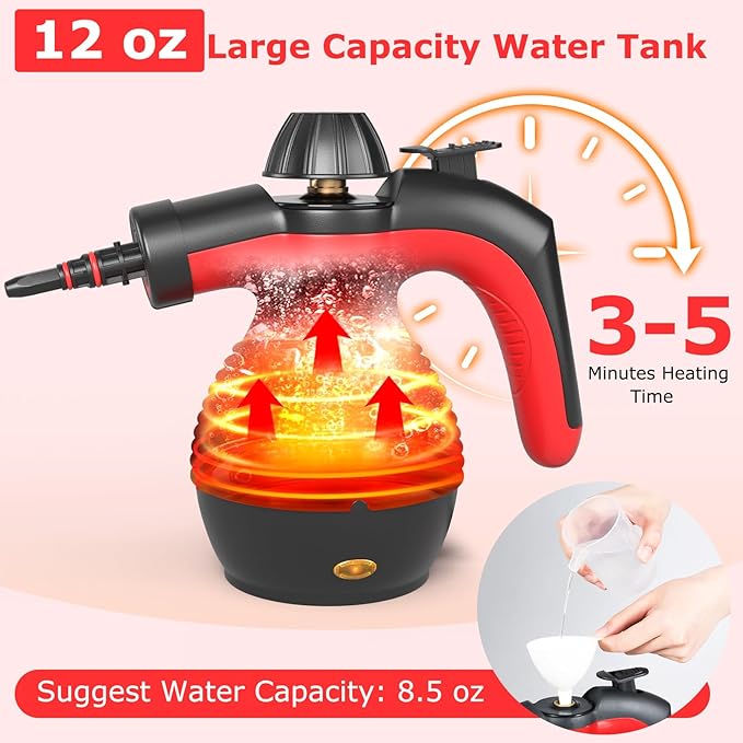 COSTWAY Handheld Steam Cleaner 1050W Portable Household Steamer with 9 Accessories 12 oz Water Tank Multipurpose Pressurized Steam Cleaning Machine for Floor Window Grease Grime (Red)