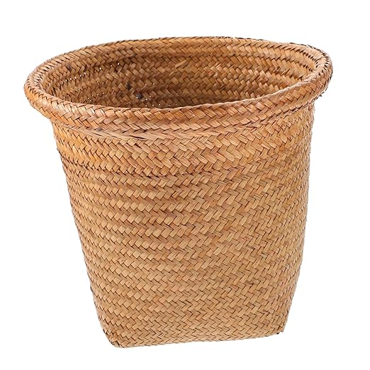 1Pc Straw Woven Wastebasket Rubbish Container for Home Office Kitchen and Bathroom Versatile Trash Can for Waste Paper Flowers and More Design Random Color