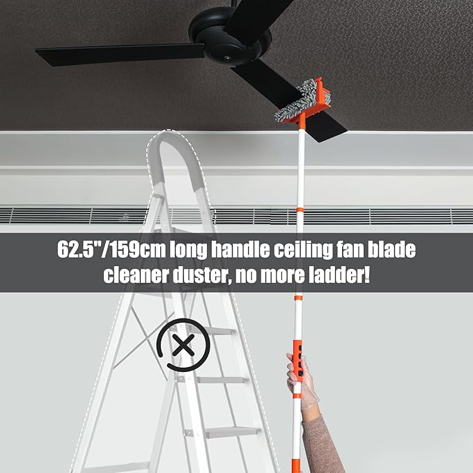 Qaestfy Ceiling Fan Cleaner Duster with 62.5‘’ Extendable Long Handle Ceiling Fan Blade Cleaning Tool Reusable Chenille &amp Microfiber Mop Head for Dusting Ceiling Fan Baseboard Wall Floor