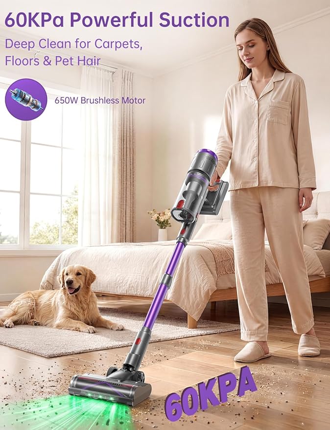 OXVAC Cordless Vacuum Cleaner 60KPa 650W Stick Vacuum with 80Mins Runtime Smart AUTO Mode Anti-Tangle Brush Self-Standing Vacuum Cleaner for Home Pet Hair Carpet &amp Hardwood Floor Purple