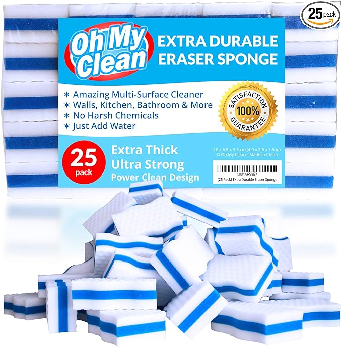 (25 Pack) Extra Durable Eraser Sponge – Extra Thick Long Lasting Magic Melamine Cleaning Sponges in Bulk – Foam Pads for Walls Kitchen Bathroom Floor &amp Baseboard Cleaner