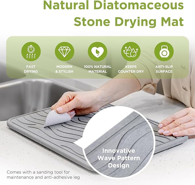 Stone Dish Drying Mat for Kitchen Counter - Super Absorbent Fast Drying Diatomaceous Earth Prevents Water Build-Up Non-Slip &amp Heat Resistant 15.75 X 11.75 Dark Gray