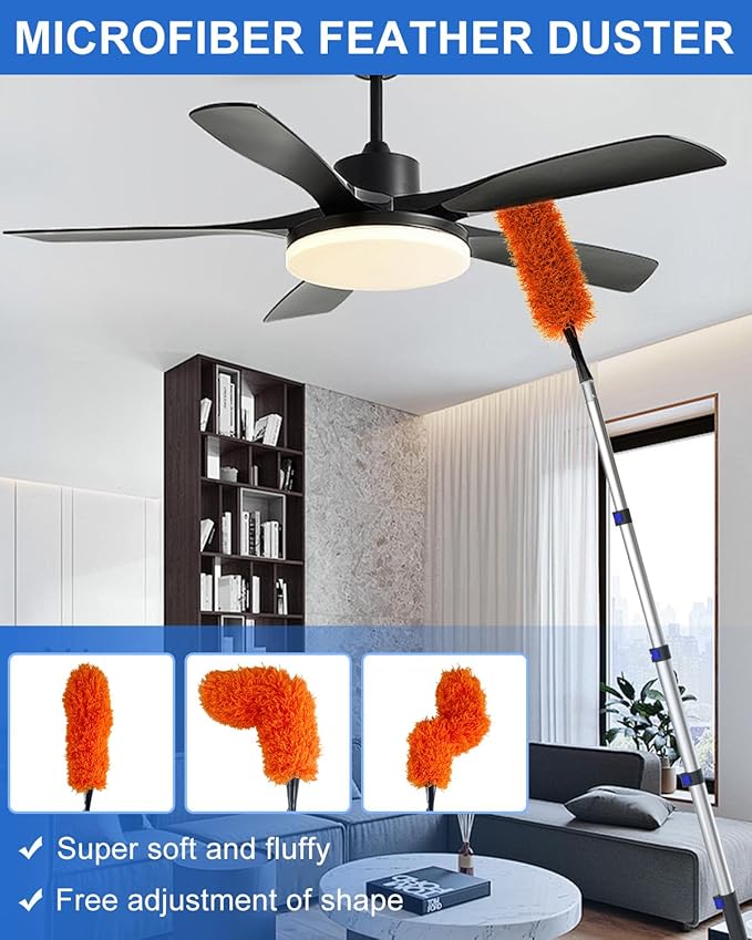 26 Foot High Reach Duster Kit with 5-20 ft Telescoping Extension Pole High Ceiling Duster Cobweb Duster Window Squeegee Feather Duster Outdoor &amp Indoor Extendable Duster Cleaning Kit