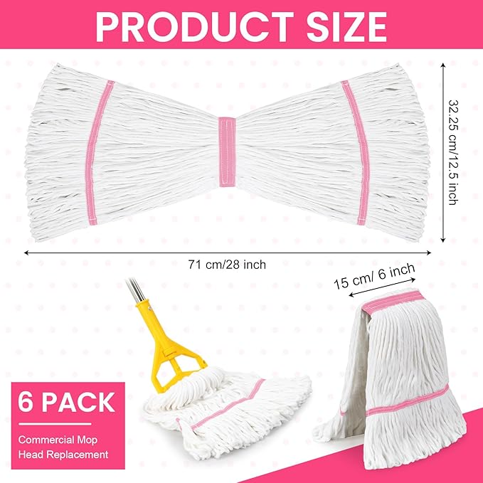 Eccliy 6 Pack Heavy Loop End Cotton String Mop Head Heavy Duty Mop Head Commercial Refills Replacement Bulk for Home Industrial Commercial Floor Cleaning (WhitePink)