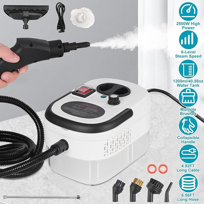 Handheld Steam Cleaner for Home &amp Car 1.2L Water Tank 2500W Fast 15-Second Heat Up Portable Multi-Surface Steamer for Kitchen Bathroom and Auto Detailing