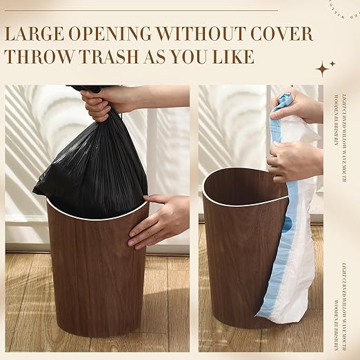 2 Pack 2.3 Gallons Wood Trash Can Wastebasket Natural Wood Round Wastebasket Small Trash Bin for Home Office Under Desk Kitchen Bedroom Den Hotel Room (Dark WoodWavy)