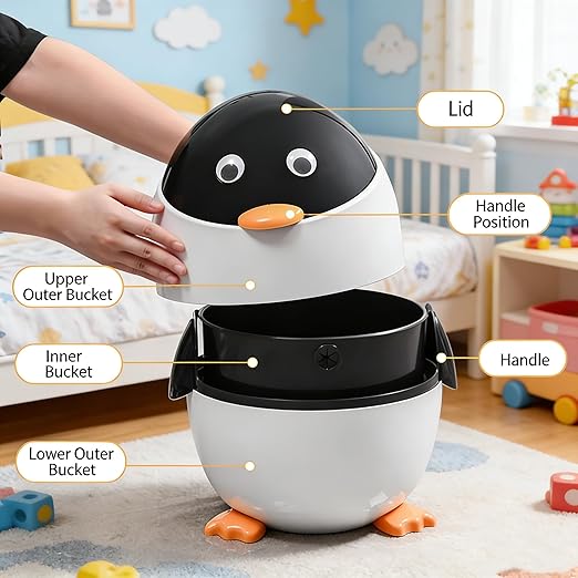 URALFA Penguin Trash Can 3.2 Gallon Kids Trash Can with Removable Inner Bucket Animal Themed Garbage Can Plastic Cute Trash Can for Bedroom Kids Room Nursery Dormitory Bathroom White