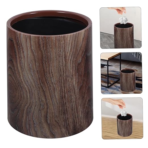 Garneck Lidless Imitation Wood Grain Trash Can Round Wastebasket for Kitchen Living Room Bathroom Office Stylish Garbage Collecting Bin for Indoor Use