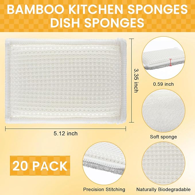 20 Pack Kitchen Bamboo Dish Sponges Cleaning Sponges Reusable Natural Pads Absorbent Non Scratch for Washing Dishes Pots and Pans (White)