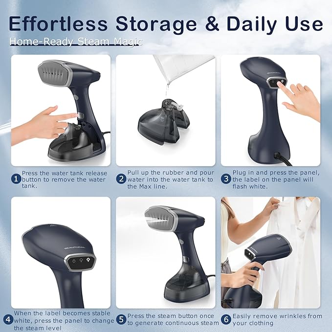 BEAUTURAL Handheld Garment Steamer for Clothes Handheld Steamer with Foldable Design Easy to Remove Wrinkles 1500W 25-Second Fast Heat up 2 Steam Level Setting with Continuous Steaming