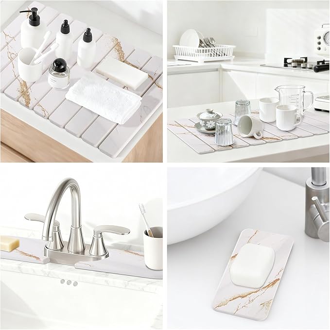 3 PCS Large Stone Dish Drying Mat for Kitchen Counter Quick Dry Stone Dishes Mats Sink Faucet Mat Marble Water Absorbing Diatomaceous Earth Drying Pad for Countertop Tableware Bottles