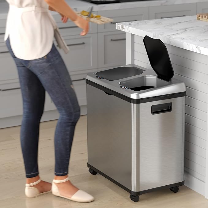 iTouchless 16 Gallon Stainless Steel Combo Trash and Recycle Bin with Decals Dual Compartment (8 Gal each) 60 Liter Kitchen Garbage Waste Can Touchless Includes Stickers to Label Bins