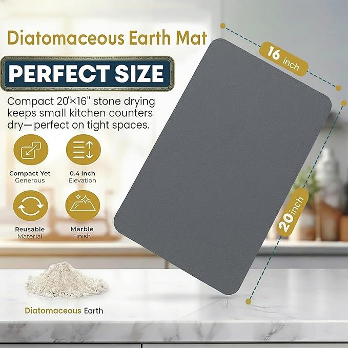 Stone Drying Mat for Kitchen Counter with 5 Wooden Feet 19.7×14.7 Diatomaceous Earth Dish Drying Mat Elevated Drying Stone Mat for Modern Kitchen Countertop (Dark Gray Standard-Solid)