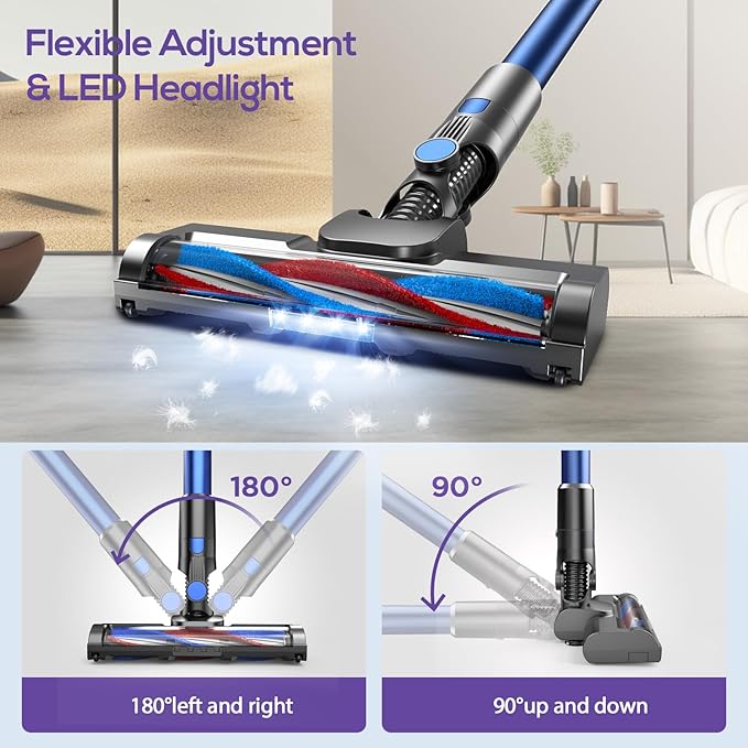 Cordless Vacuums 80000PRM Powerful Motor Vacuum Cleaner and 2200mAH Rechargeable Battery up to 35 Mins Worktime 2 Adjustable Modes Detachable Parts Wireless Stick Vacuum (Deep Blue)