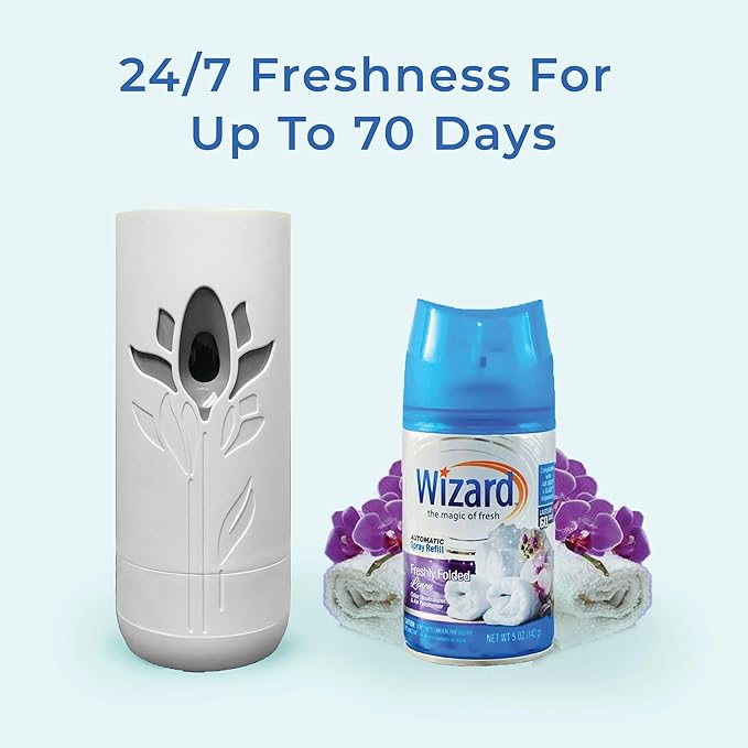 Wizard Automatic Spray Refill and Holder Kit Air Freshener for Home and Bathroom Freshley Folded Linen 5 Oz3 Count