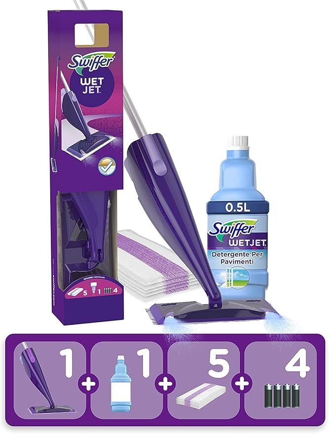 Swiffer WetJet Floor Spray Mop Starter Kit Includes: 1 WetJet 5 Pads 1 Cleaning Solution &amp 4 Batteries