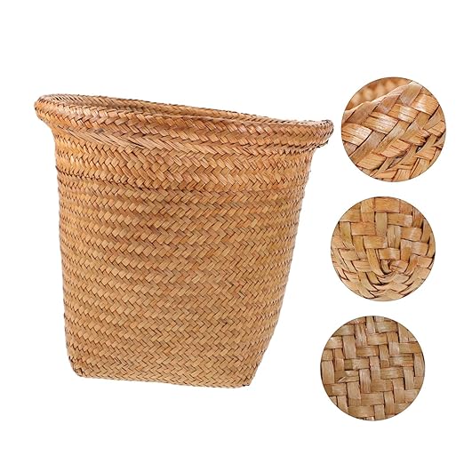 BESPORTBLE Handwoven Medium Straw Wastebasket Office Home Trash Can and Storage Bin Rustproof Woven Basket for Waste Paper Dried Flowers Tissues Multifunctional Holder Random Color