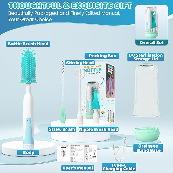 IvyWind Electric Travel Baby Bottle Brush Set with Storage Box Automatic Bottle Cleaner Brush Kit with Silicone Bottle/Nipple/Straw Brush Milk Frother Electric and Drainage Rack Rechargeable Green