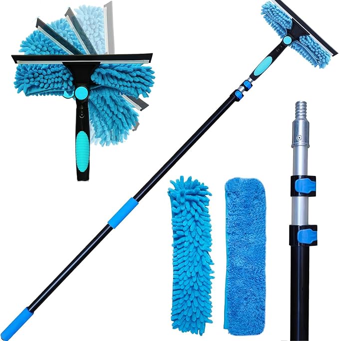 20 Ft+ Reach 2 In 1 Window Squeegee Duster with 5-to-12 Foot Extension Pole Cleaner Tool with 3-Stage Telescoping Pole Cleaning Kit with Rotatable Head - Chenille Cloth + Microfibre Cloths Head