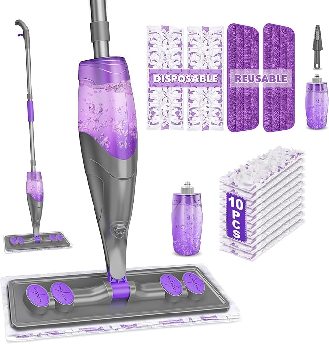 Spray Mop for Hardwood Floor Cleaning with 2 Reusable Pads + 12 Disposable Refills &amp 2 Bottles
