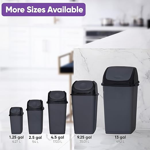 Superio Small 2.5 Gallon Plastic Trash Can with Swing Top Lid Compact Slim Waste Bin for Under Desk Office Bedroom Bathroom Dorm Room 10 Qt. Portable Garbage Can (Dark Grey 2 Pack)