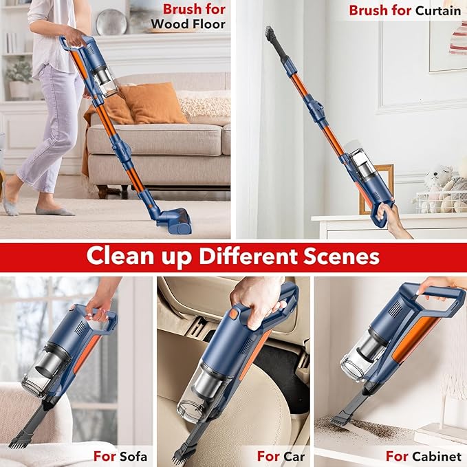 whall Cordless Vacuum Cleaner Upgraded Strong Suction Brushless Motor Cordless Stick Vacuum Cleaner Lightweight Handheld Vacuum for Home Pet Hair Carpet Hard Floor up to 55mins RuntimeBlue