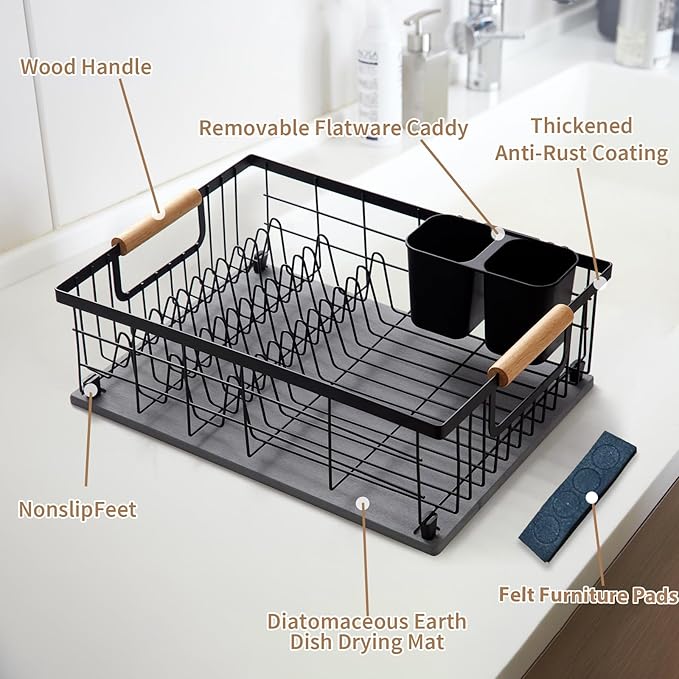 Dish Drying Rack with Stone Drying Mat Dish Drainer and Diatomaceous Earth Dish Mat Dish Drainers for Kitchen Counter with Stone Dish Mat