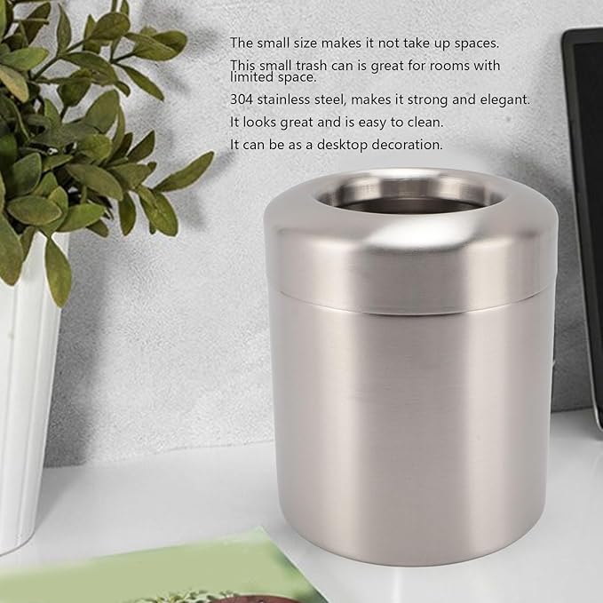 Fockety Countertop Trash Can Stainless Steel Desktop Trash Can Round Garbage Bin Tiny Waste Basket Easy to CleanCountertop Garbage Can for Home Office Near Desk Bathroom Wastebasket