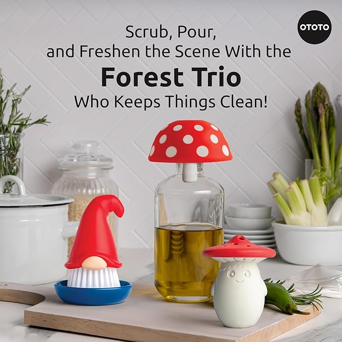 OTOTO Forest Trio Bundle of Beardy Magic Mushroom Fun Guy - Gnomes Dish Brush Fungilicious Kitchen Funnel Fridge Deodorizer Mushroom Decor Cute Kitchen Accessories Unique Mushroom Gnome Gifts
