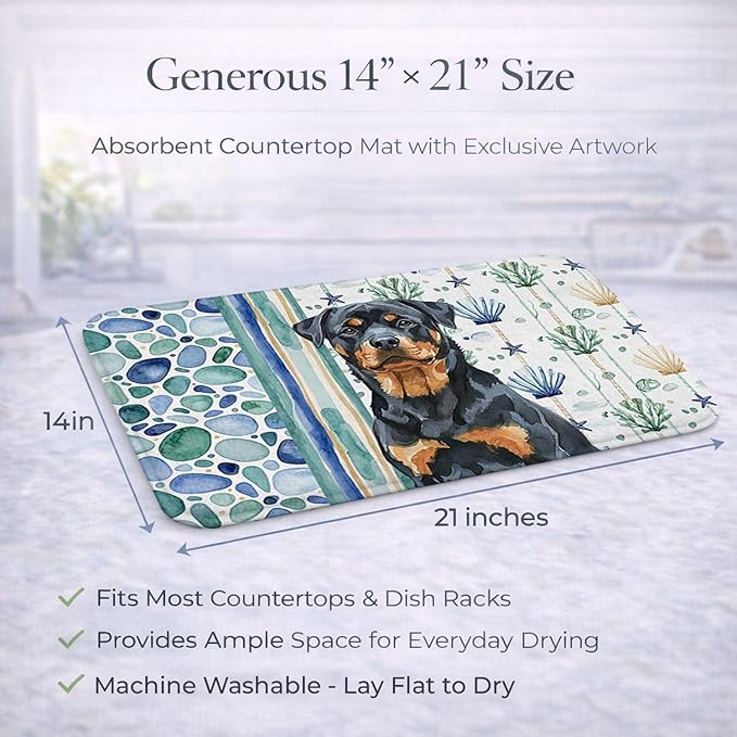 Caroline's Treasures Rottweiler Coastal Sea Glass Dish Drying Mat Absorbent Dish Drying Mat Pad for Kitchen Counter Dish Drainer Mat for Countertop 14 x 21 Multicolor