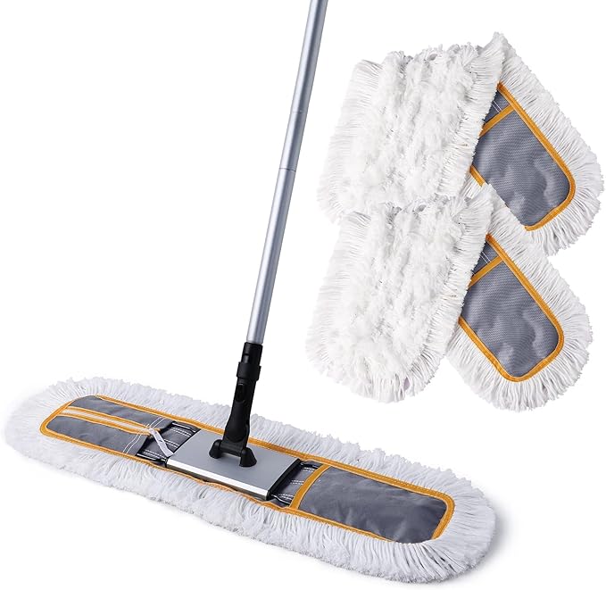 24 Commercial Dust Mop for Floor Cleaning Heavy Duty Sweeper Broom with 2 Microfiber Mop Pads Wet and Dry Duster Sweeper Broom for Marble Laminate Hardwood Floor Cleaning Grey
